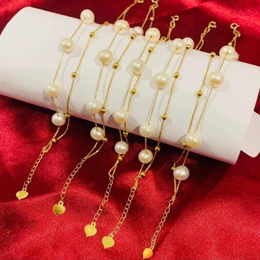 2 layered pure 18k bracelet with fresh water pearls and gold balls, 6" to 7"
